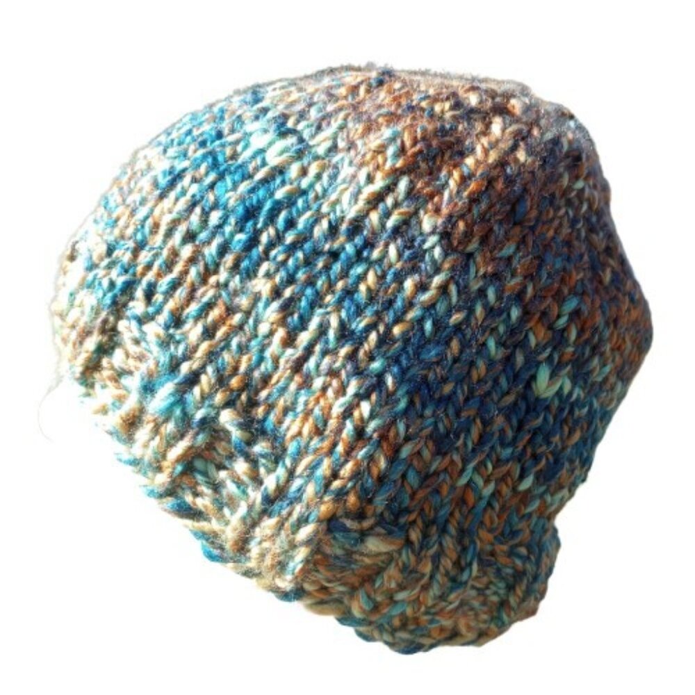 Men's Beanie Hat Handmade Knit Slouch Wildbrush Petrol Green Brown Chunky Women